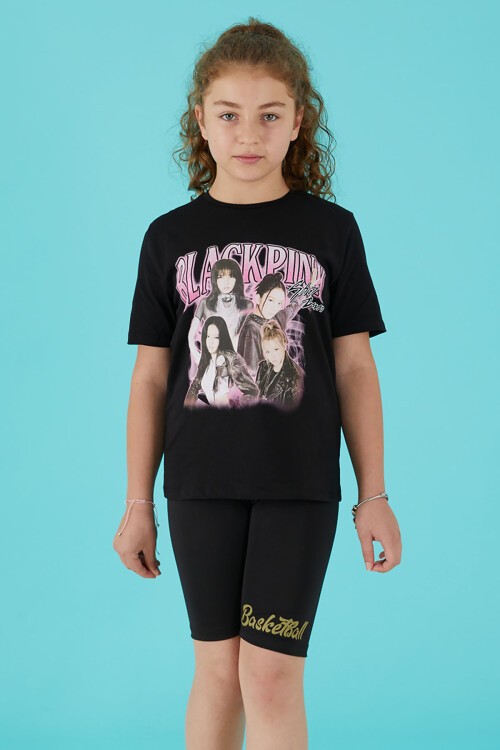 Siyah Simli Yazılı Baskılı Kız Tişört 15660