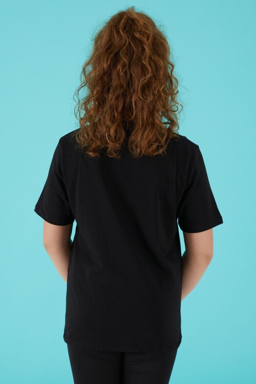 Siyah Simli Yazılı Baskılı Kız Tişört 15660