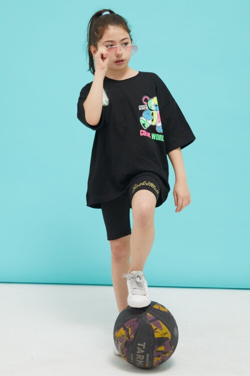 Siyah Sırt Baskılı Ayıcıklı Oversize Kız T-shirt 15379