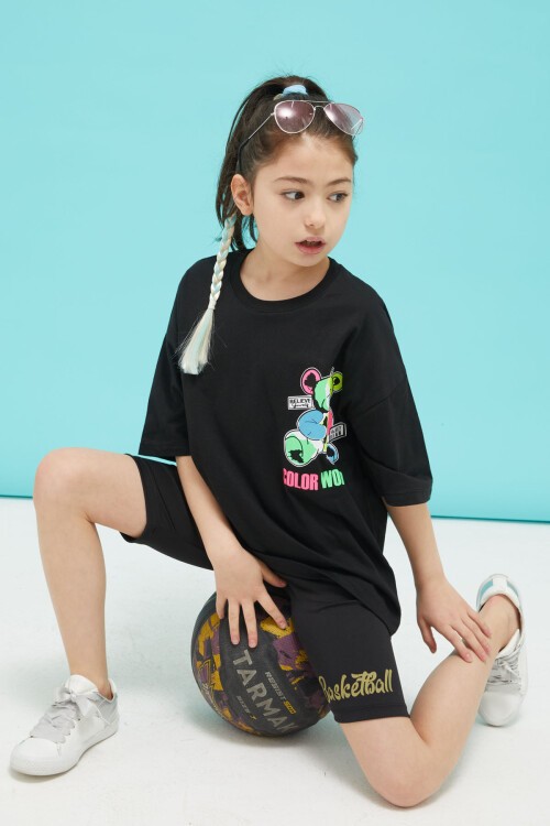 Siyah Sırt Baskılı Ayıcıklı Oversize Kız T-shirt 15379
