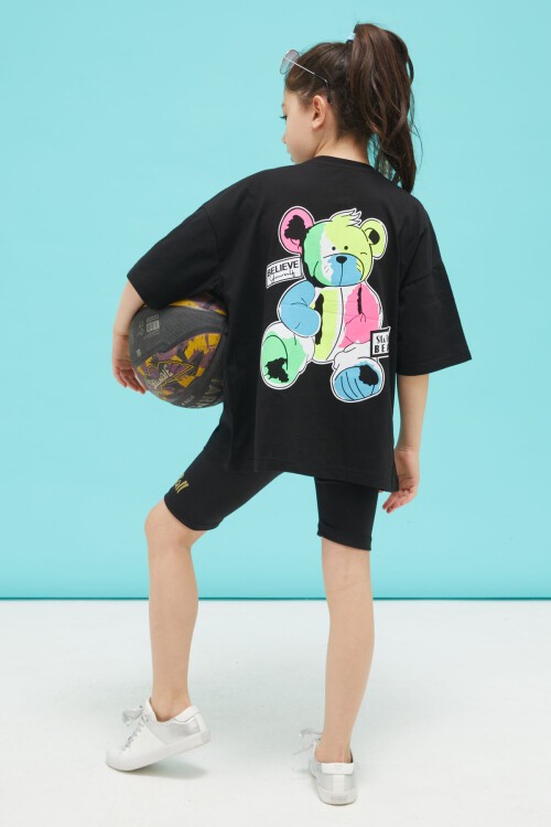 Siyah Sırt Baskılı Ayıcıklı Oversize Kız T-shirt 15379