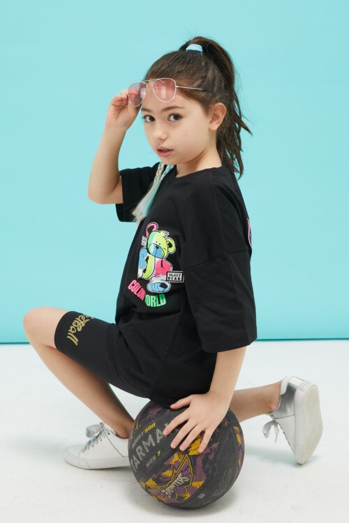 Siyah Sırt Baskılı Ayıcıklı Oversize Kız T-shirt 15379
