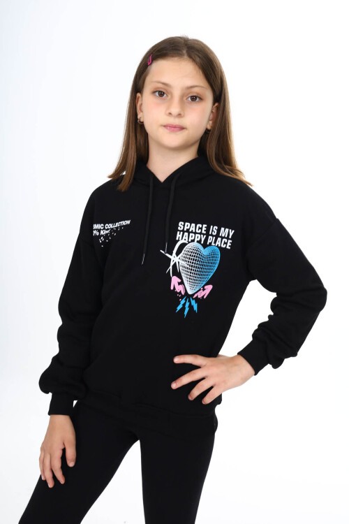 Siyah Sırtı Kalp Baskılı Kız Çocuk Polarlı Kapüşonlu Sweatshirt 16496