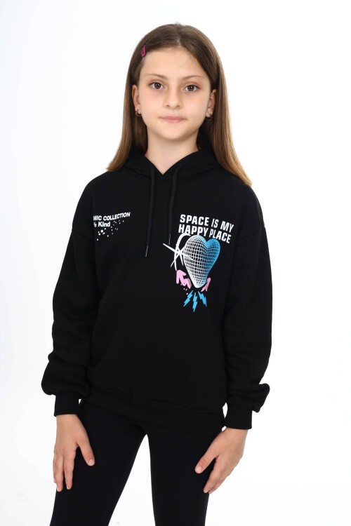 Siyah Sırtı Kalp Baskılı Kız Çocuk Polarlı Kapüşonlu Sweatshirt 16496
