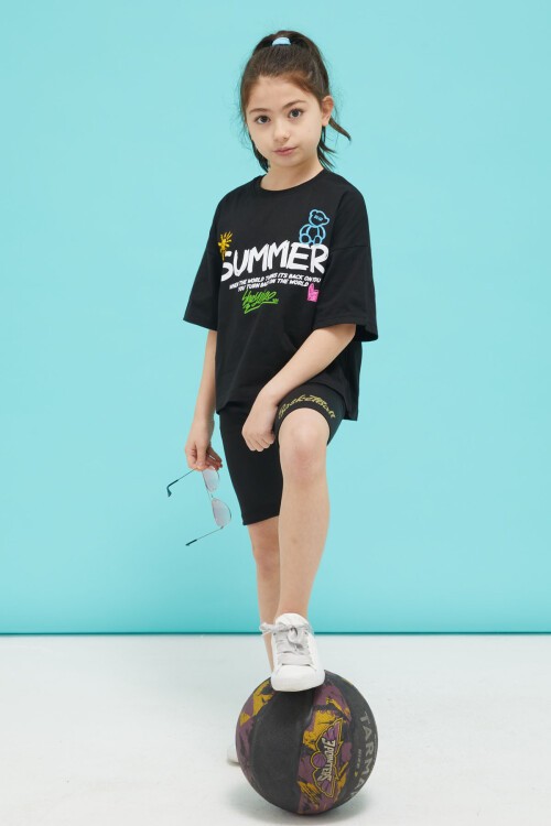 Siyah Summer Yazılı Sırtı Baskılı Oversize Kız T-shirt 15377