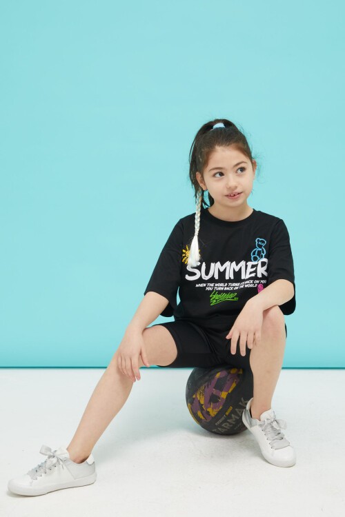 Siyah Summer Yazılı Sırtı Baskılı Oversize Kız T-shirt 15377