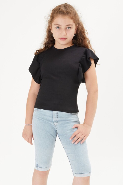 Siyah Volan Detaylı Kız Çocuk Tişört 16106