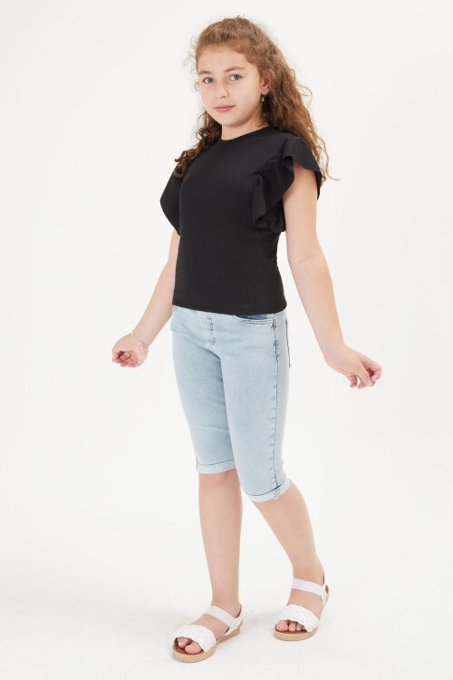 Siyah Volan Detaylı Kız Çocuk Tişört 16106