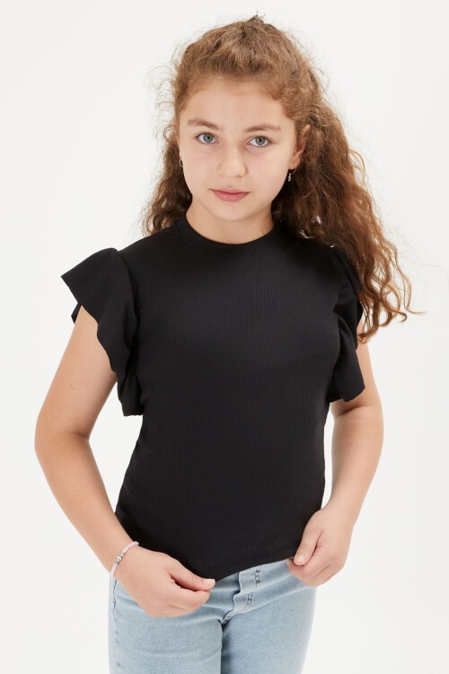 Siyah Volan Detaylı Kız Çocuk Tişört 16106