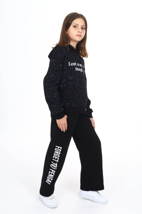 Siyah Yazı Baskılı Geniş Paça Polarlı Kız Çocuk Eşofman Takımı 16447