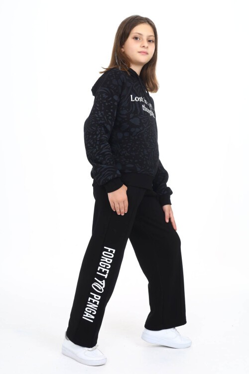 Siyah Yazı Baskılı Geniş Paça Polarlı Kız Çocuk Eşofman Takımı 16447