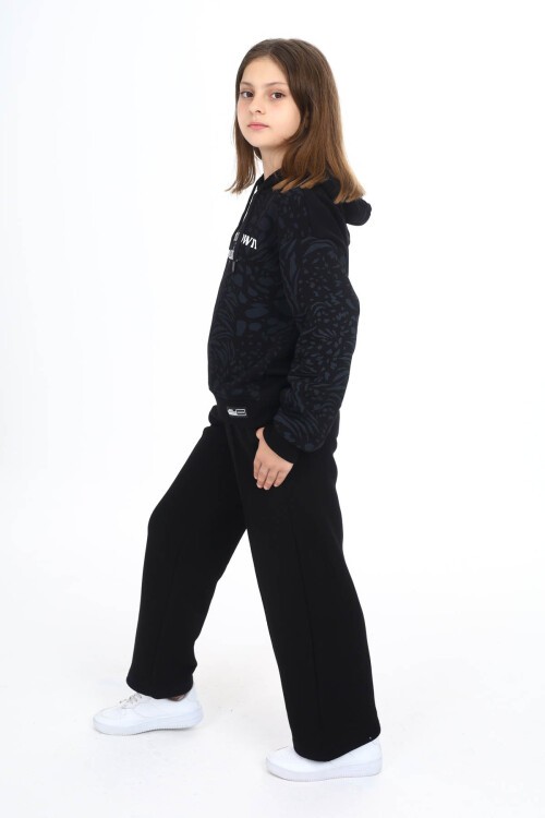 Siyah Yazı Baskılı Geniş Paça Polarlı Kız Çocuk Eşofman Takımı 16447