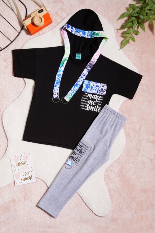 Siyah Yazı Baskılı Kapüşonlu Kız Çocuk 2li Takım 15438