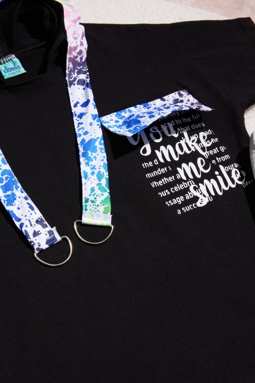 Siyah Yazı Baskılı Kapüşonlu Kız Çocuk 2li Takım 15438