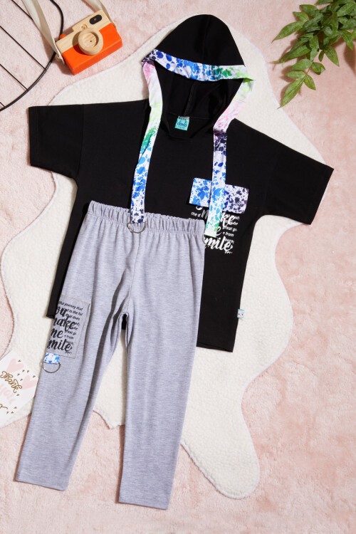 Siyah Yazı Baskılı Kapüşonlu Kız Çocuk 2li Takım 15438