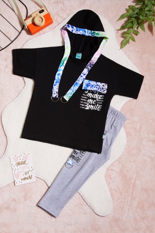 Siyah Yazı Baskılı Kapüşonlu Kız Çocuk 2li Takım 15438