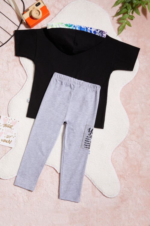 Siyah Yazı Baskılı Kapüşonlu Kız Çocuk 2li Takım 15438