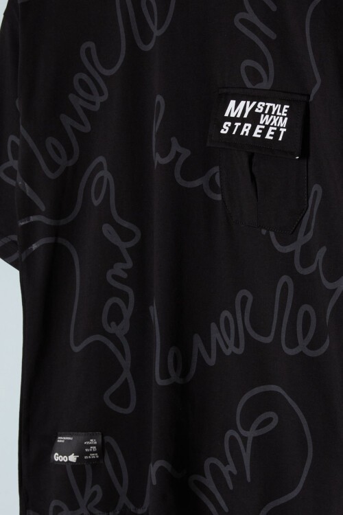 Siyah Yazı Desenli Cepli Erkek Tişört 16079