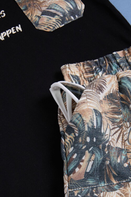 Siyah Yazılı Erkek Çocuk Desenli Şortlu Takım 15555