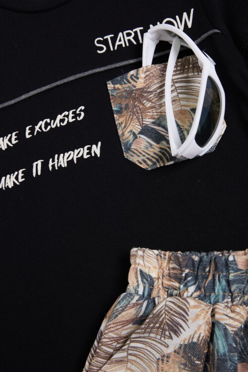 Siyah Yazılı Erkek Çocuk Desenli Şortlu Takım 15555