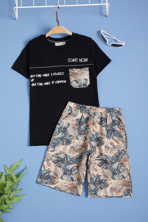 Siyah Yazılı Erkek Çocuk Desenli Şortlu Takım 15555