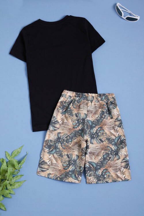 Siyah Yazılı Erkek Çocuk Desenli Şortlu Takım 15555