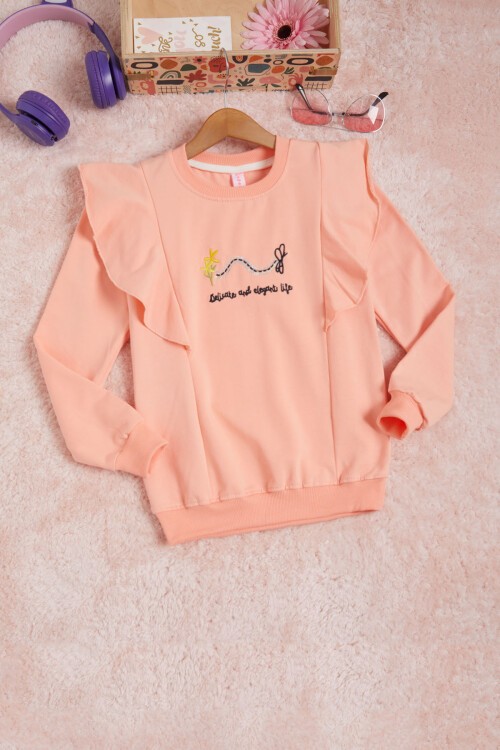 Somon Kelebek Nakışlı Volanlı Kız Çocuk Sweatshirt 16404
