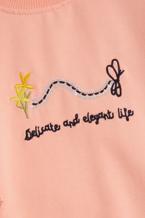 Somon Kelebek Nakışlı Volanlı Kız Çocuk Sweatshirt 16404