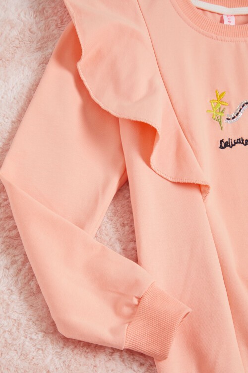 Somon Kelebek Nakışlı Volanlı Kız Çocuk Sweatshirt 16404