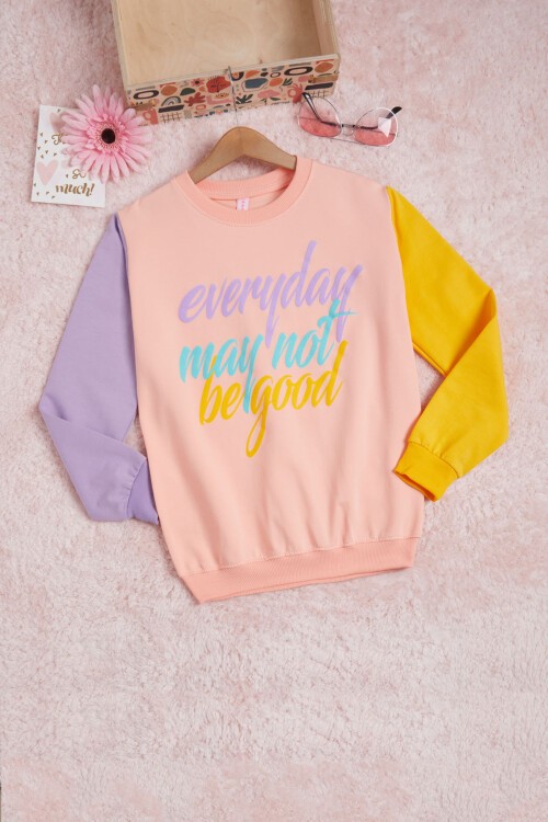 Somon Kolları Renkli Yazı Baskılı Kız Çocuk Sweatshirt 16282