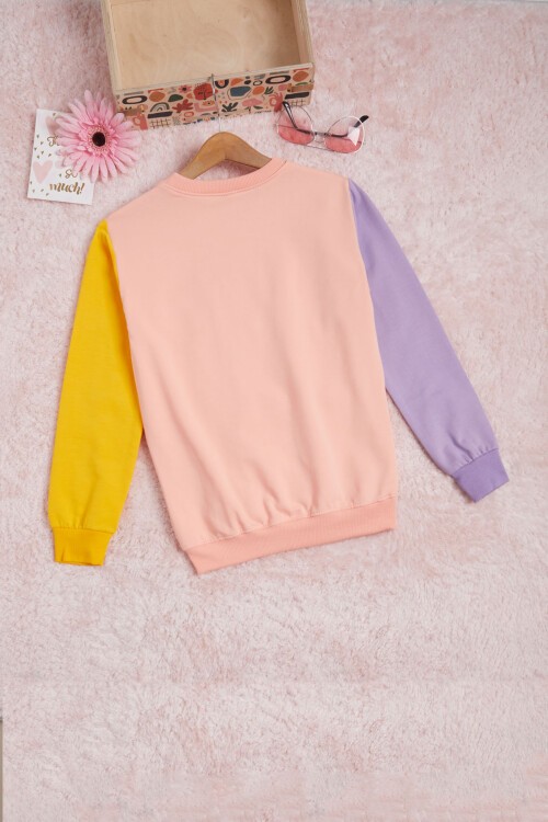 Somon Kolları Renkli Yazı Baskılı Kız Çocuk Sweatshirt 16282