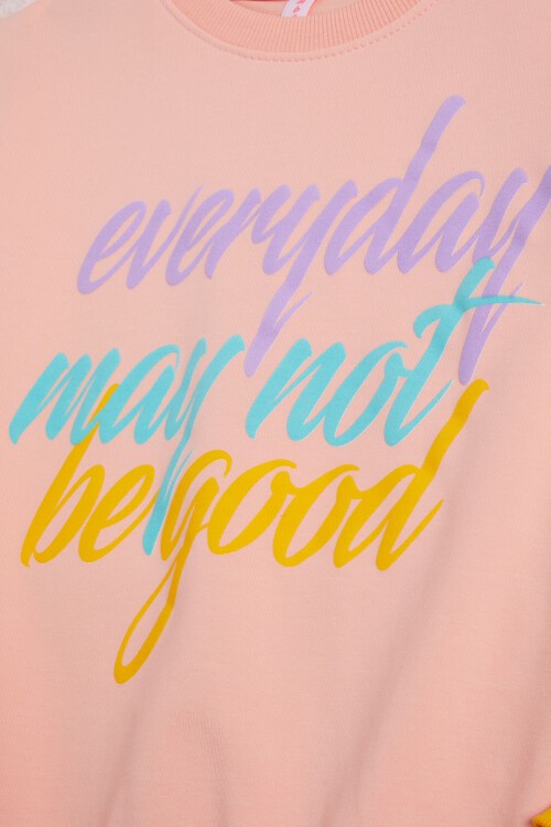 Somon Kolları Renkli Yazı Baskılı Kız Çocuk Sweatshirt 16282