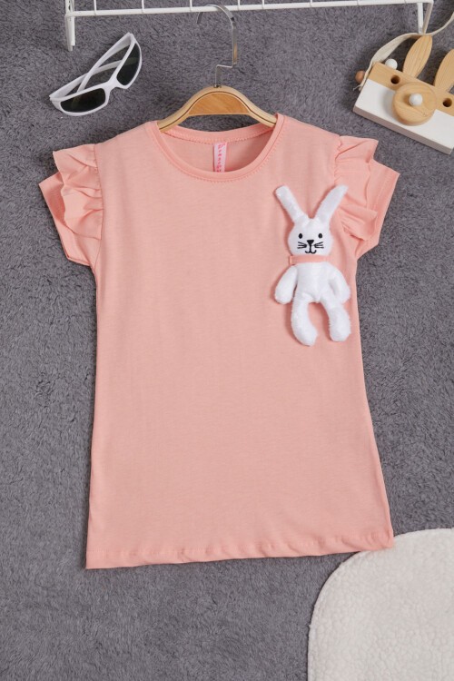 Somon Tavşan Detaylı Fırfırlı Kız Çocuk T-shirt 15542