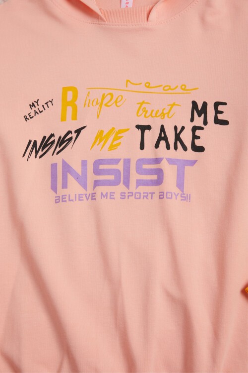 Somon Yazı Baskı Renkli Kollu Kapüşonlu Kız Çocuk Sweatshirt 16294