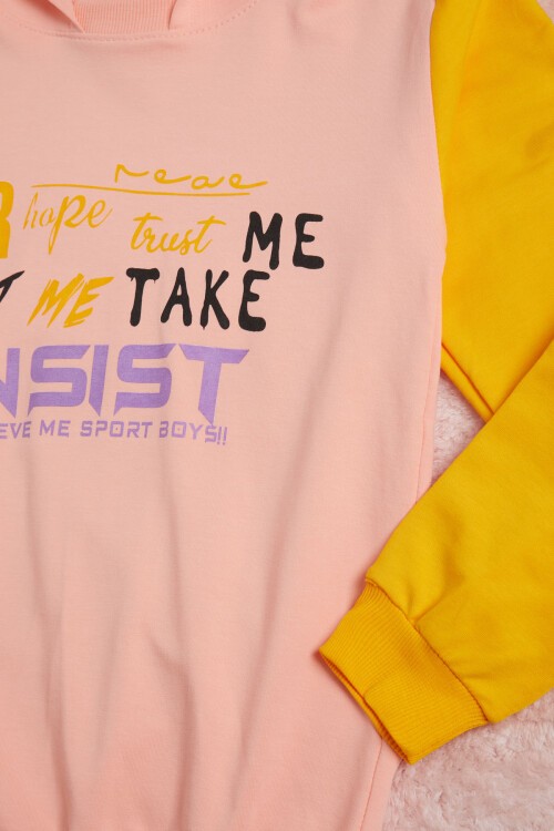 Somon Yazı Baskı Renkli Kollu Kapüşonlu Kız Çocuk Sweatshirt 16294