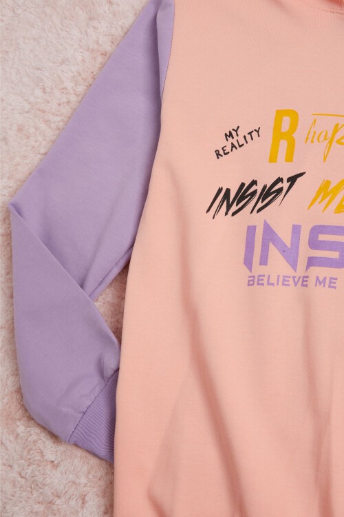 Somon Yazı Baskı Renkli Kollu Kapüşonlu Kız Çocuk Sweatshirt 16294