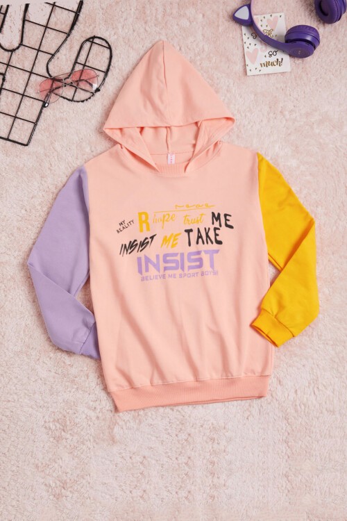 Somon Yazı Baskı Renkli Kollu Kapüşonlu Kız Çocuk Sweatshirt 16294