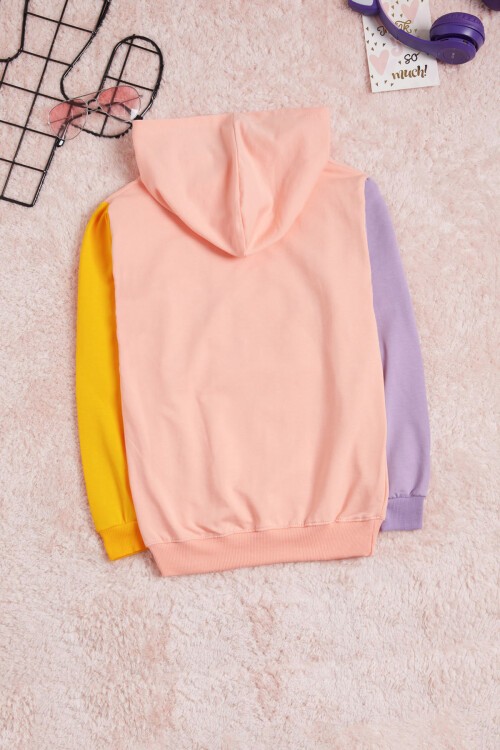 Somon Yazı Baskı Renkli Kollu Kapüşonlu Kız Çocuk Sweatshirt 16294