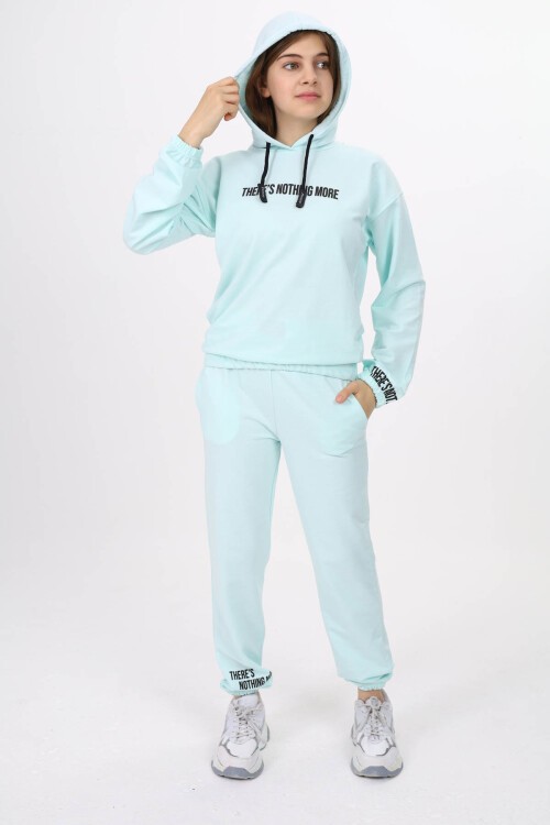 Su Yeşili Yazı Baskılı Kız Çocuk Kapüşonlu Eşofman Takımı 16454