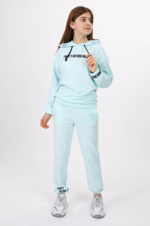 Su Yeşili Yazı Baskılı Kız Çocuk Kapüşonlu Eşofman Takımı 16454