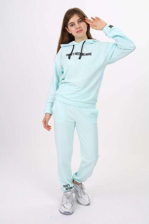 Su Yeşili Yazı Baskılı Kız Çocuk Kapüşonlu Eşofman Takımı 16454