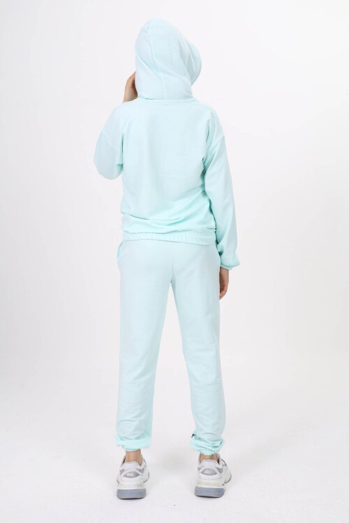 Su Yeşili Yazı Baskılı Kız Çocuk Kapüşonlu Eşofman Takımı 16454