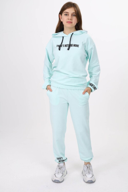 Su Yeşili Yazı Baskılı Kız Çocuk Kapüşonlu Eşofman Takımı 16454