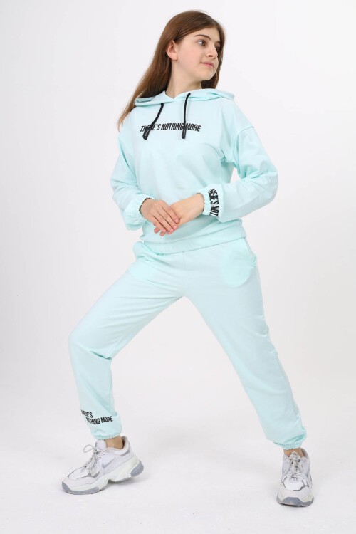 Su Yeşili Yazı Baskılı Kız Çocuk Kapüşonlu Eşofman Takımı 16454