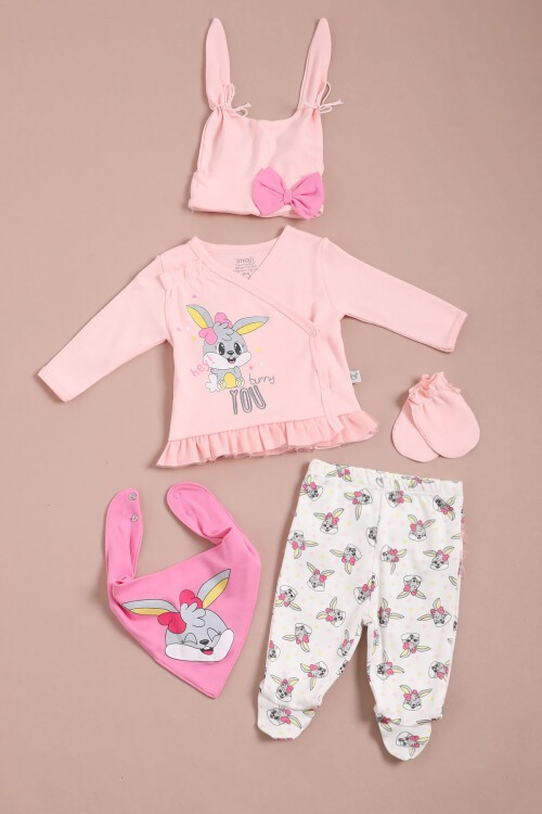 Tavşan Baskılı Kız Bebek Patikli 5li Yenidoğan Zıbın Seti 16119