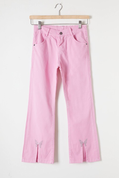 Toz Pembe İspanyol Paça Yırtmaçlı Kelebek İşlemeli Kız Pantolon 16213