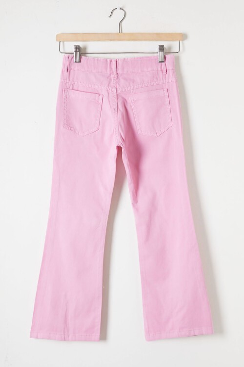 Toz Pembe İspanyol Paça Yırtmaçlı Kelebek İşlemeli Kız Pantolon 16213