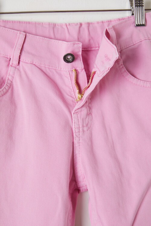 Toz Pembe İspanyol Paça Yırtmaçlı Kelebek İşlemeli Kız Pantolon 16213