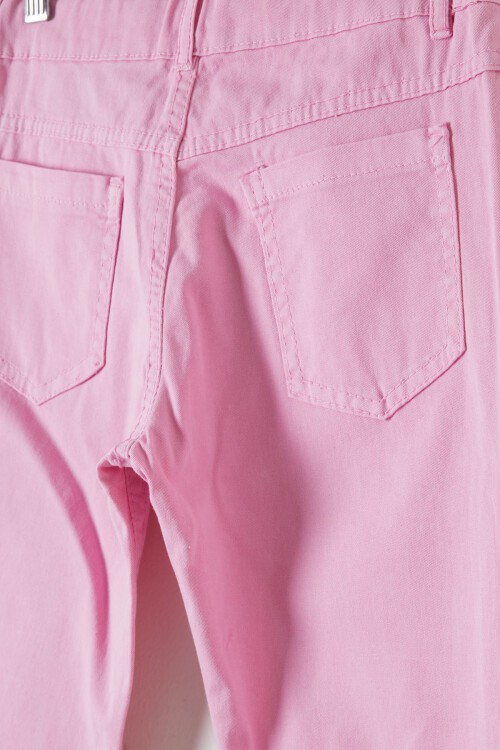 Toz Pembe İspanyol Paça Yırtmaçlı Kelebek İşlemeli Kız Pantolon 16213