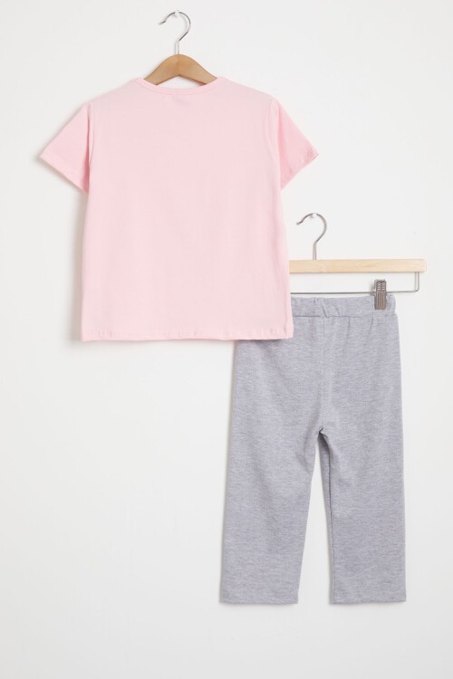 Toz Pembe Pati Baskı Tişört ve Şort Taytlı Kız Takım 15446
